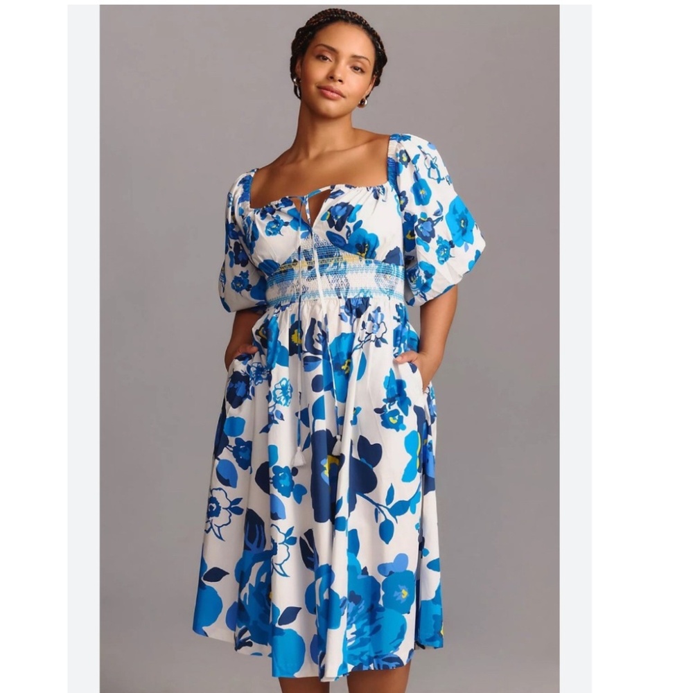 Plenty by Tracy Reese midi dress size LP blue floral cotton smocked cottagecore